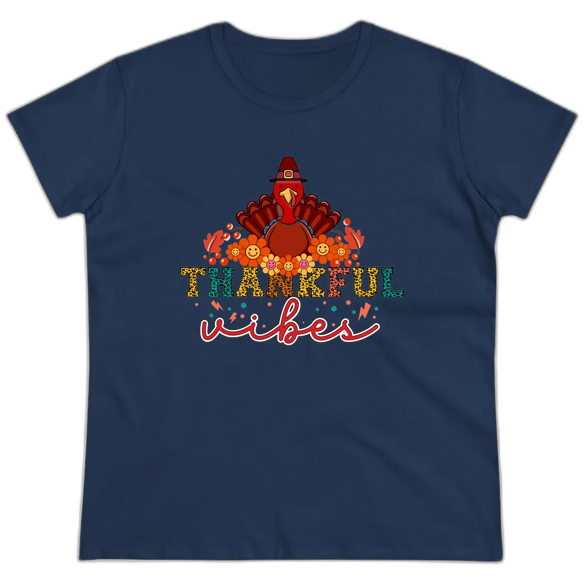 Turkey Vibes Thanksgiving Design Ladies Tee in Navy